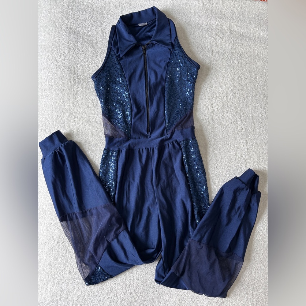 A Wish Come True Midnight Blue Sequin Dance Costume Jumpsuit, Adult Small